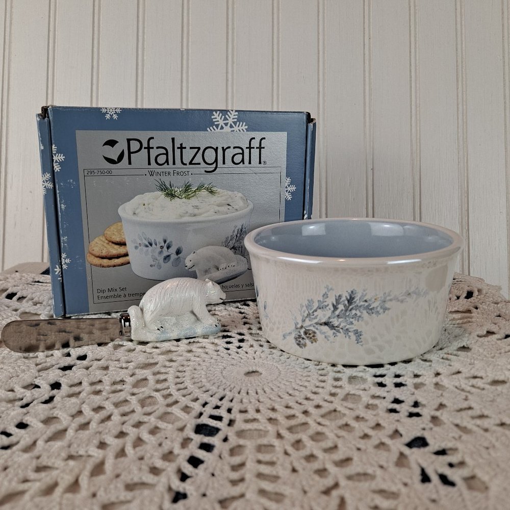 Pfaltzgraff Winter Frost Dip MIx Set w/Polar Bear Knife/Spreader NEW